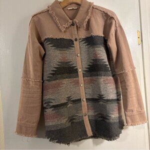 Mystree Womens S Western Wool Bl Blanket Denim Raw Edge Snap Pink Shacket Jacket